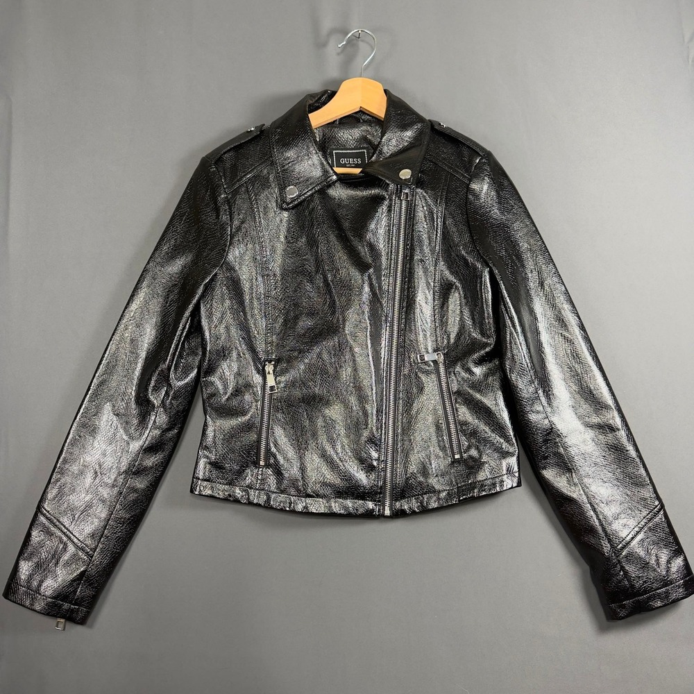 Guess Womens Black Faux Leather Moto Biker Jacket Snakeskin Embossed Size M